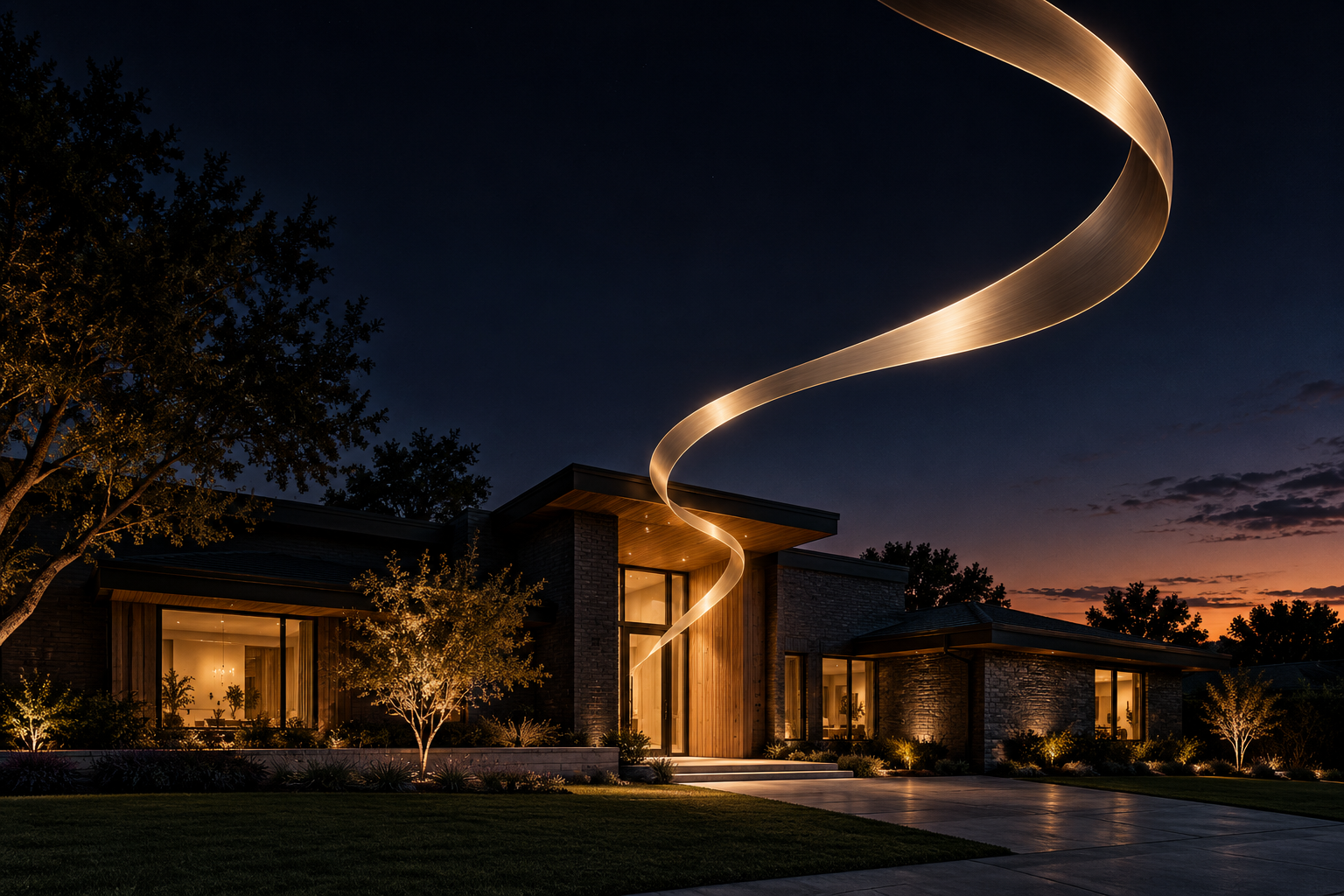 A bronze ribbon rises from an illuminated home into the evening sky.